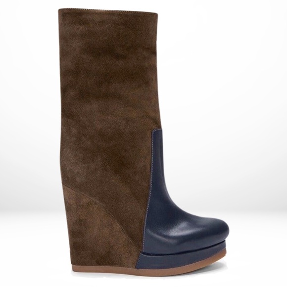 Jil Sander Shoes - Jil Sander Brown Suede Black Leather Platform Wedge Boots Mid Calf Booties 36 6